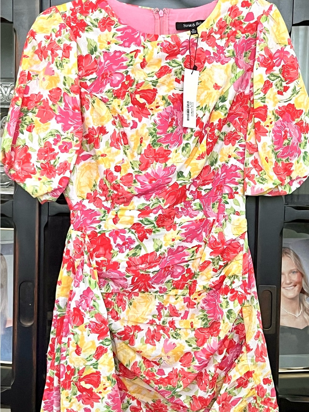Floral Puff-Sleeve Mini Dress in Pink & Yellow